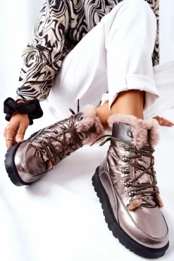 Damskie Boto Wysokie Śniegowce Ocieplane Futerkiem Złote Sneezy