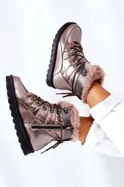 Damskie Boto Wysokie Śniegowce Ocieplane Futerkiem Złote Sneezy