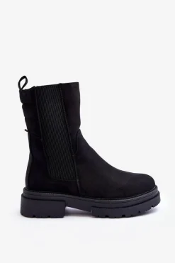 Damskie Boto Wysokie Ocieplane Botki Sztyblety Wsuwane Nubuk Czarne Milca