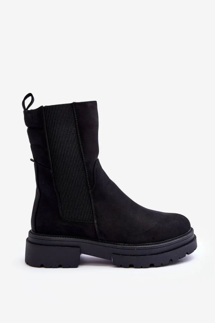 Damskie Boto Wysokie Ocieplane Botki Sztyblety Wsuwane Nubuk Czarne Milca