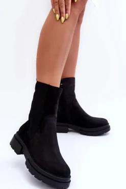 Damskie Boto Wysokie Ocieplane Botki Sztyblety Wsuwane Nubuk Czarne Milca