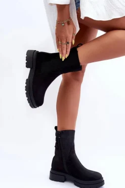 Damskie Boto Wysokie Ocieplane Botki Sztyblety Wsuwane Nubuk Czarne Milca