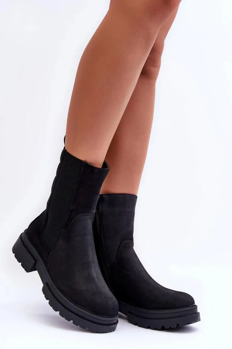 Damskie Boto Wysokie Ocieplane Botki Sztyblety Wsuwane Nubuk Czarne Milca