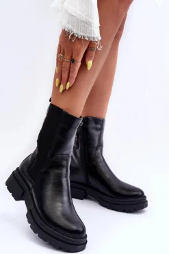 Boto Czarne Botki|Botki Zimowe Damskie*Wysokie Ocieplane Botki Sztyblety Wsuwane Czarne Milca