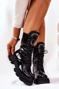 Boto Damskie Trapery|Botki Sznurowane*Wysokie Ocieplane Botki Ze Zdobieniem Czarne Ronessa