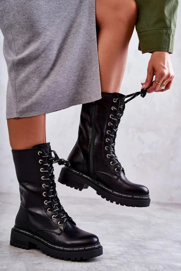 Discount Boto Wysokie Ocieplane Damskie Botki Wiązane Czarne Darla