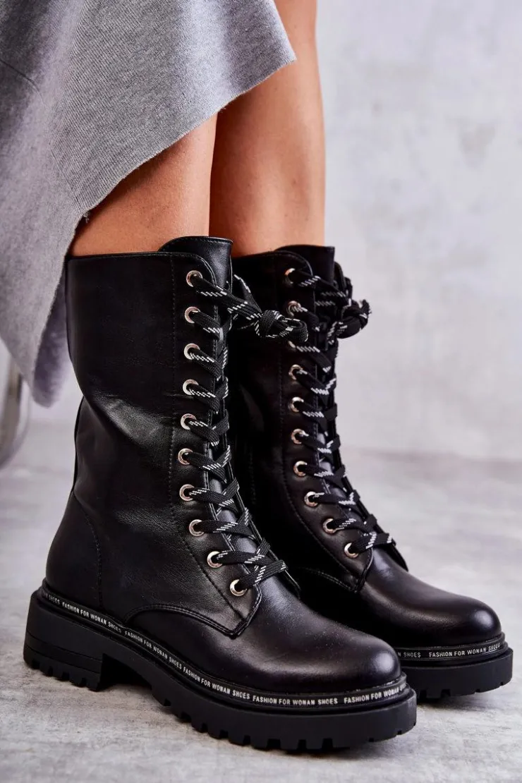Discount Boto Wysokie Ocieplane Damskie Botki Wiązane Czarne Darla