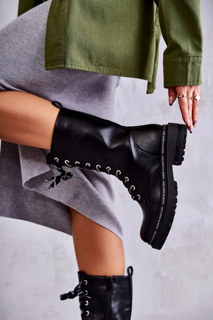 Discount Boto Wysokie Ocieplane Damskie Botki Wiązane Czarne Darla