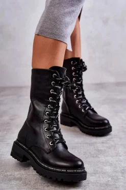 Discount Boto Wysokie Ocieplane Damskie Botki Wiązane Czarne Darla