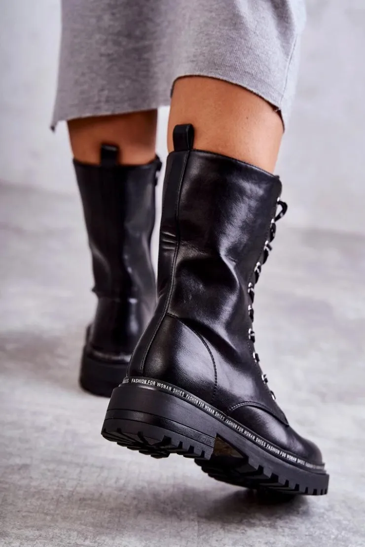 Discount Boto Wysokie Ocieplane Damskie Botki Wiązane Czarne Darla