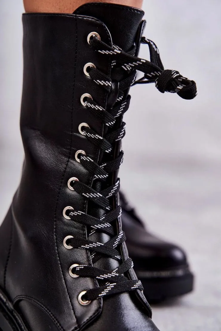 Discount Boto Wysokie Ocieplane Damskie Botki Wiązane Czarne Darla