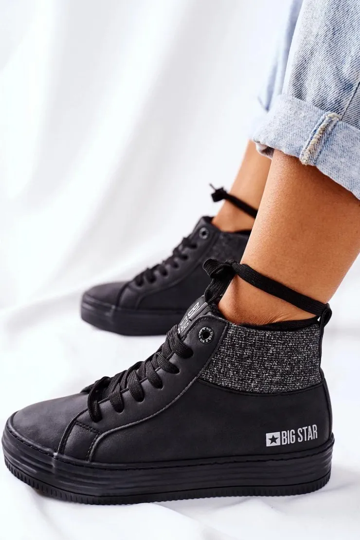 Damskie Big Star Shoes Wysokie Ocieplane Trampki Big Star II274147 Czarne