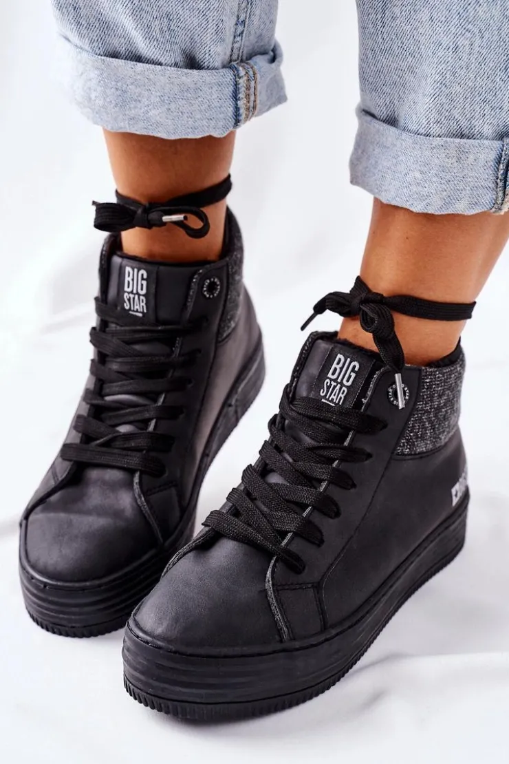 Damskie Big Star Shoes Wysokie Ocieplane Trampki Big Star II274147 Czarne
