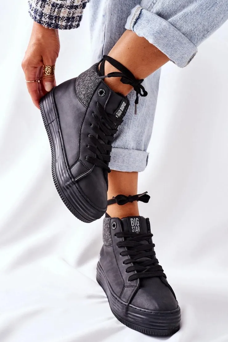 Damskie Big Star Shoes Wysokie Ocieplane Trampki Big Star II274147 Czarne