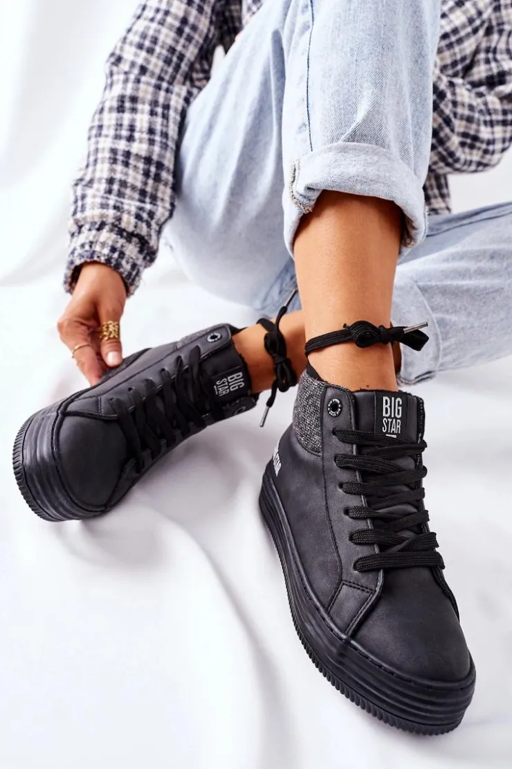 Damskie Big Star Shoes Wysokie Ocieplane Trampki Big Star II274147 Czarne