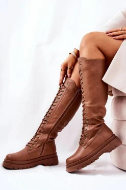 Damskie Boto Wysokie Ocieplane Wiązane Kozaki Camel Kannies