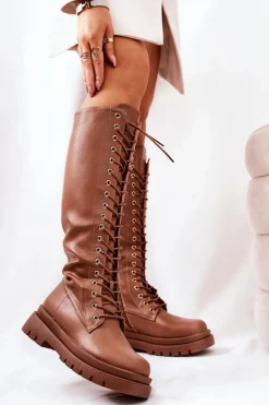 Damskie Boto Wysokie Ocieplane Wiązane Kozaki Camel Kannies