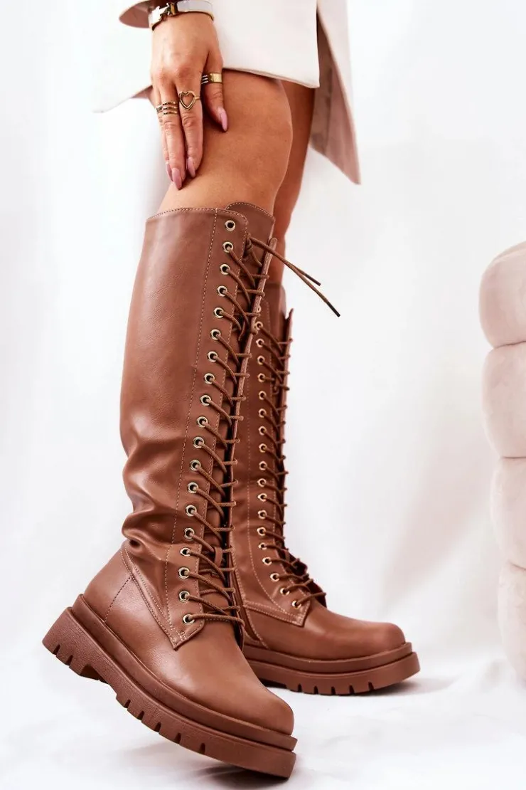 Damskie Boto Wysokie Ocieplane Wiązane Kozaki Camel Kannies