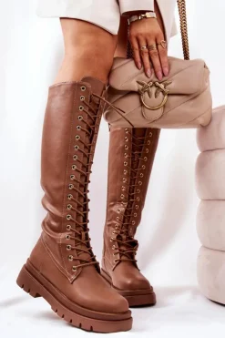 Damskie Boto Wysokie Ocieplane Wiązane Kozaki Camel Kannies