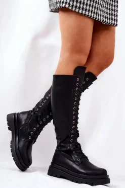 Boto Kozaki Płaskie|Kozaki Przed Kolano*Wysokie Ocieplane Wiązane Kozaki Czarne Kannies