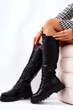 Boto Kozaki Płaskie|Kozaki Przed Kolano*Wysokie Ocieplane Wiązane Kozaki Czarne Kannies