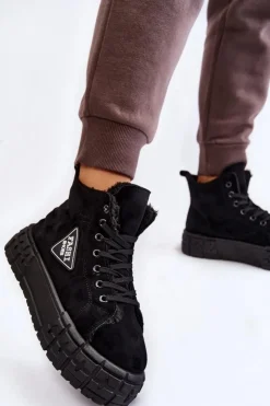 Damskie Boto Wysokie Ocieplane Zamszowe Trampki Czarne Evren