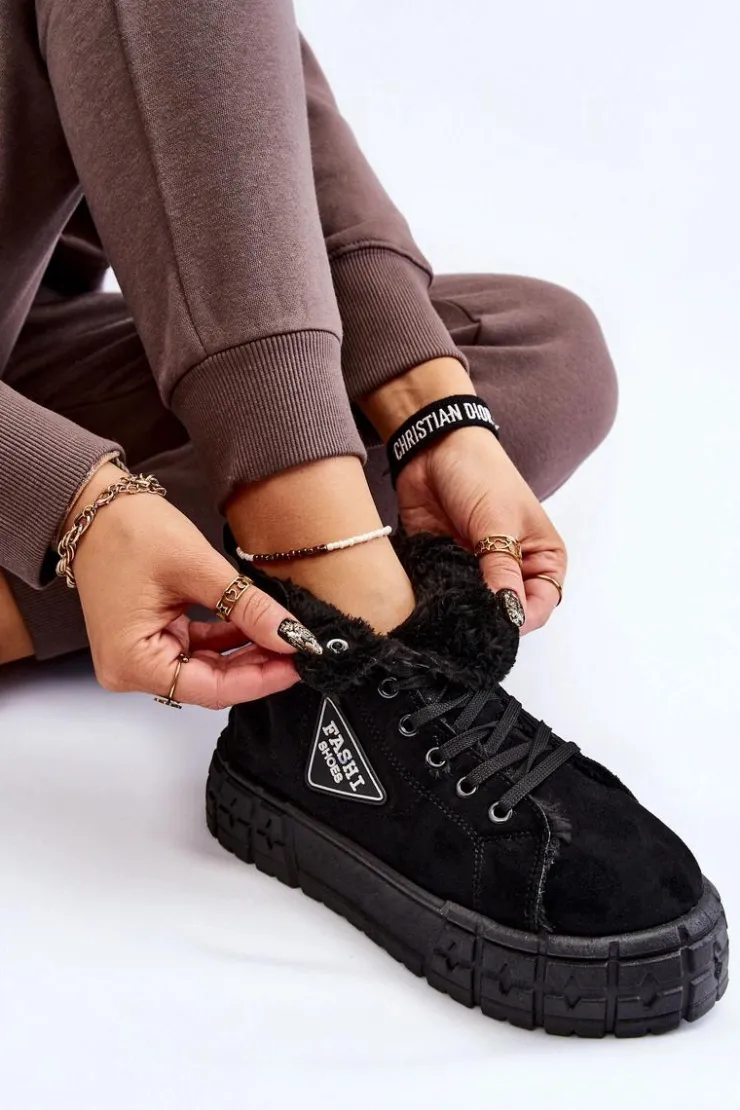 Damskie Boto Wysokie Ocieplane Zamszowe Trampki Czarne Evren