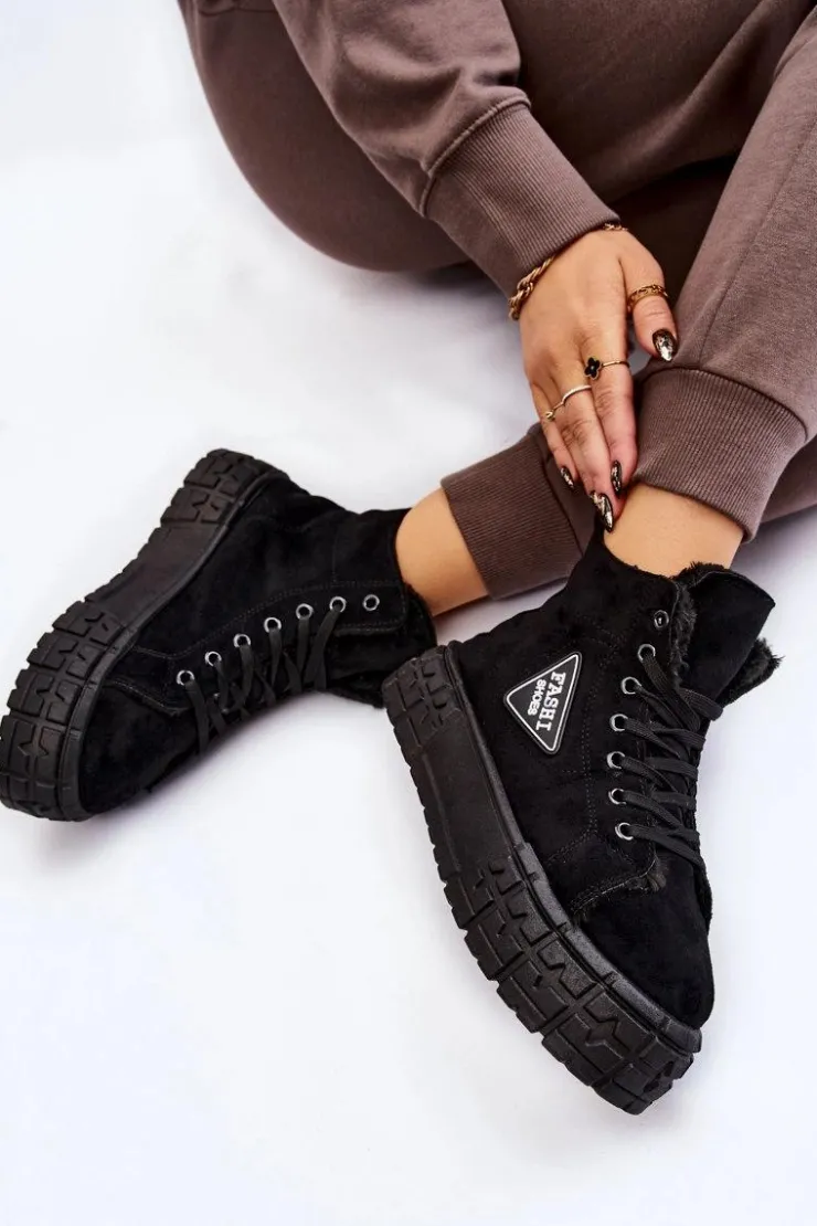 Damskie Boto Wysokie Ocieplane Zamszowe Trampki Czarne Evren