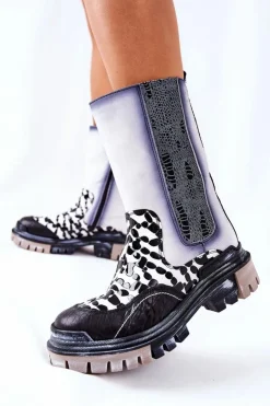 Damskie Maciejka Wysokie Skórzane Botki Czarno-Białe 05141-11