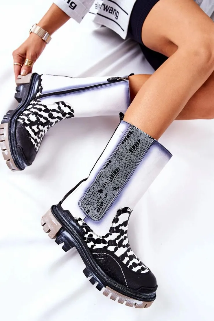 Damskie Maciejka Wysokie Skórzane Botki Czarno-Białe 05141-11