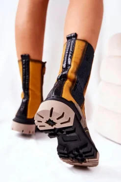 Damskie Maciejka Wysokie Skórzane Botki Żółto-Szare 05141-07