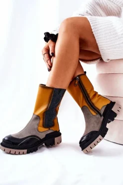 Damskie Maciejka Wysokie Skórzane Botki Żółto-Szare 05141-07