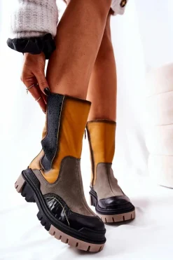 Damskie Maciejka Wysokie Skórzane Botki Żółto-Szare 05141-07