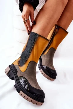 Damskie Maciejka Wysokie Skórzane Botki Żółto-Szare 05141-07