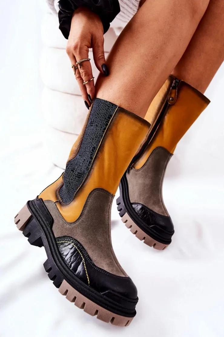 Damskie Maciejka Wysokie Skórzane Botki Żółto-Szare 05141-07