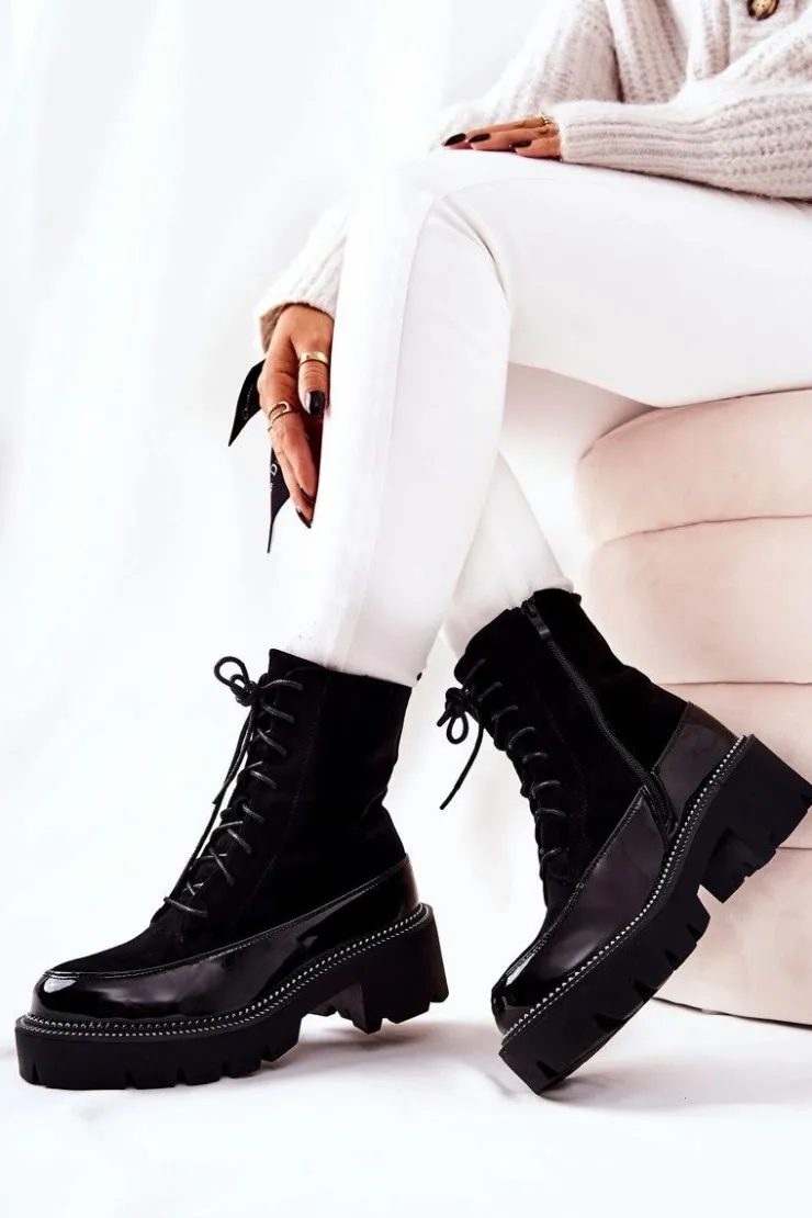 Boto Botki Sznurowane|Czarne Botki*Wysokie Skórzane Botki Na Suwak Czarne Solutia