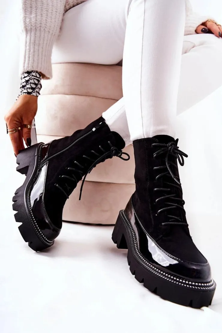 Boto Botki Sznurowane|Czarne Botki*Wysokie Skórzane Botki Na Suwak Czarne Solutia