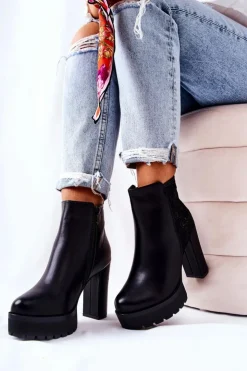 Boto Botki Na Słupku|Czarne Botki*Wysokie Skórzane Botki Na Słupku Czarne Diomice