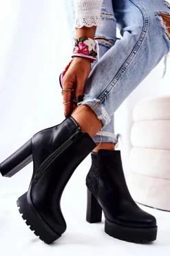 Boto Botki Na Słupku|Czarne Botki*Wysokie Skórzane Botki Na Słupku Czarne Diomice