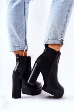 Boto Botki Na Słupku|Czarne Botki*Wysokie Skórzane Botki Na Słupku Czarne Diomice