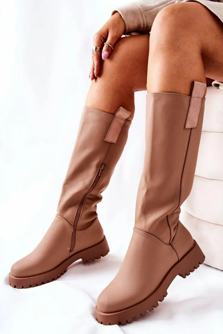 Damskie Boto Wysokie Skórzane Kozaki Beżowe Trishia