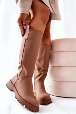 Damskie Boto Wysokie Skórzane Kozaki Beżowe Trishia
