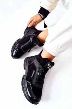 Outlet Boto Wysokie Skórzane Ocieplane Buty Sportowe Czarne Merit