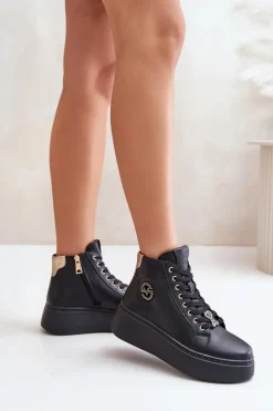 Buty damskie Vinceza Sneakersy Damskie*Wysokie Skórzane Sneakersy Damskie Na Platformie Vinceza 66707 Czarne