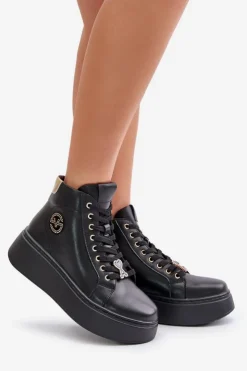 Buty damskie Vinceza Sneakersy Damskie*Wysokie Skórzane Sneakersy Damskie Na Platformie Vinceza 66707 Czarne