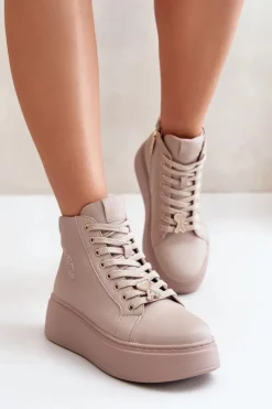 Damskie Buty damskie Vinceza Wysokie Skórzane Sneakersy Damskie Na Platformie Vinceza 66707 Beżowe