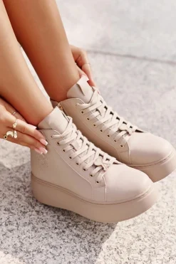 Damskie Buty damskie Vinceza Wysokie Skórzane Sneakersy Damskie Na Platformie Vinceza 66707 Beżowe