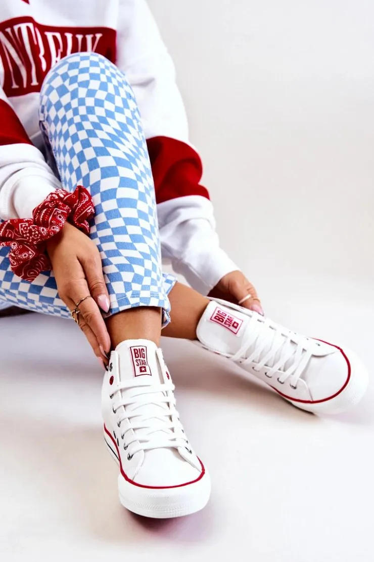 Big Star Shoes Trampki Damskie Big Star|Trampki Damskie Wysokie*Wysokie Skórzane Trampki Big Star JJ274132 Białe