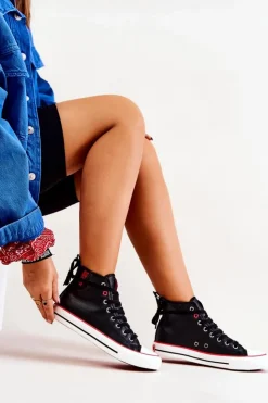 Damskie Big Star Shoes Wysokie Skórzane Trampki Big Star JJ274131 Czarne