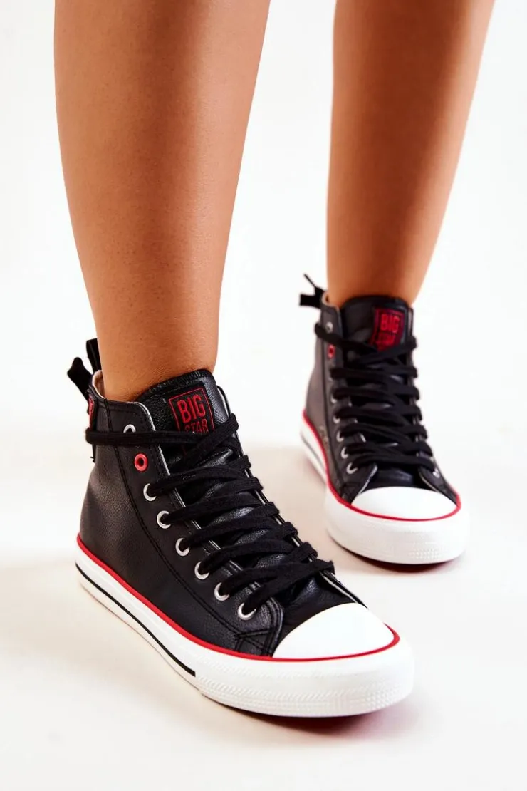 Damskie Big Star Shoes Wysokie Skórzane Trampki Big Star JJ274131 Czarne